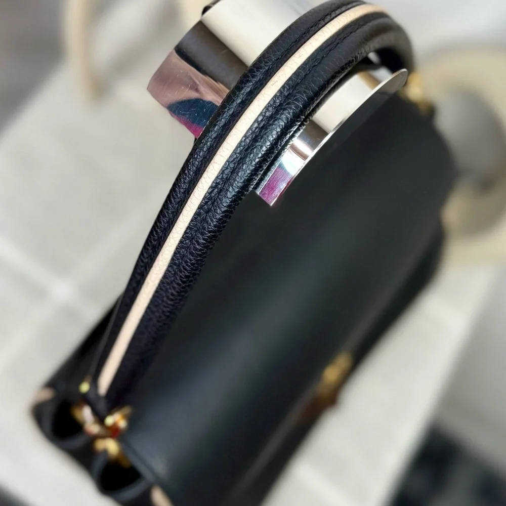 SOLD Louis Vuitton Black Calfskin & Brown Monogram Coated Canvas Double V Bag - Picture 12 of 17